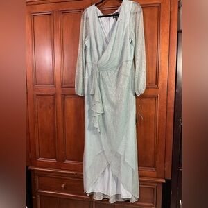 Adrianna Papell NWT Dress Us 16 Light Blue Gold Metallic Sheer Sleeve MSRP $229